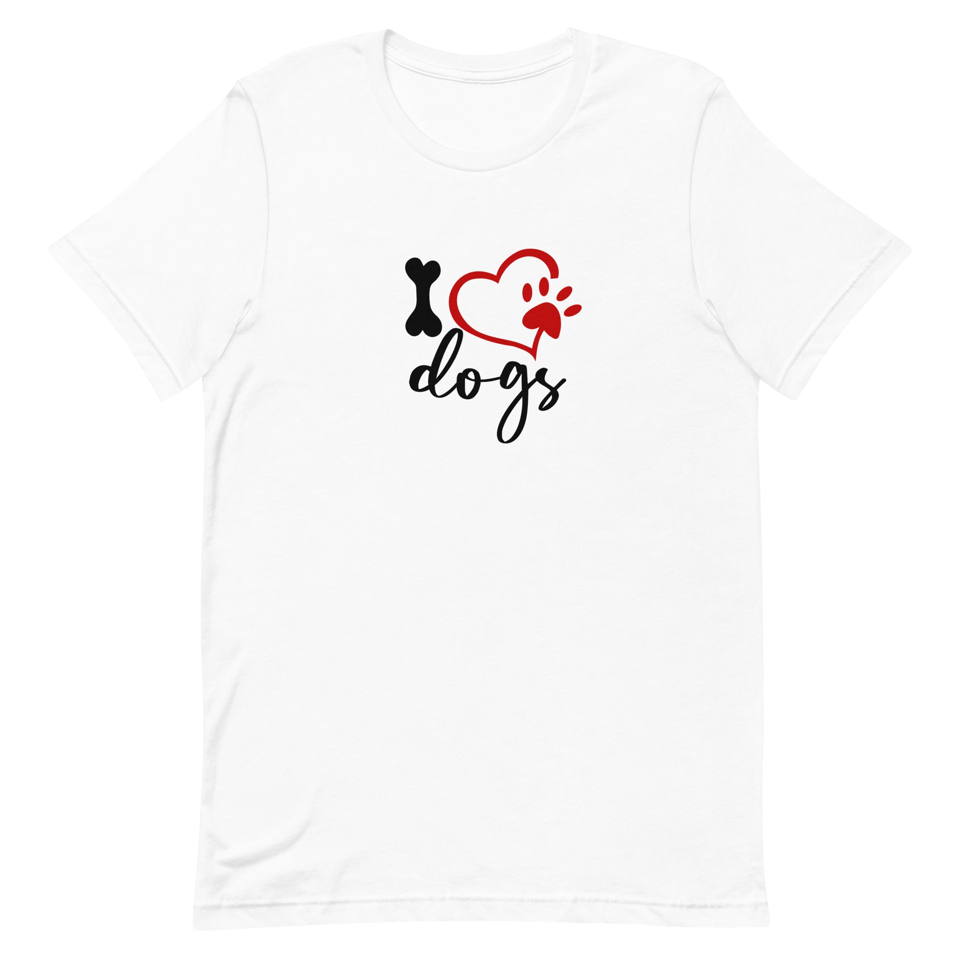 White cotton crew neck unisex  short sleeve tshirt, on the apparel is a graphic Dog bone as in "I" and a graphic shaped red heart and paw, underneath is the "dogs" written in graphic letters.