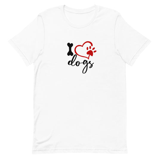 White cotton crew neck unisex  short sleeve tshirt, on the apparel is a graphic Dog bone as in "I" and a graphic shaped red heart and paw, underneath is the "dogs" written in graphic letters.