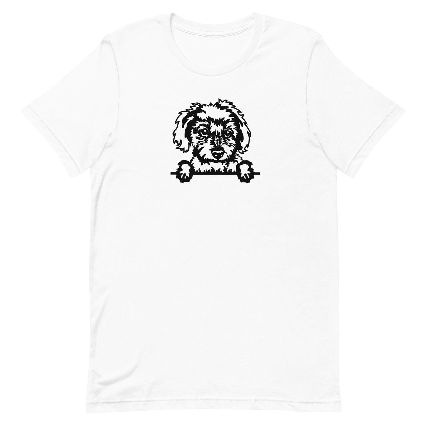 White cotton crew neck unisex  short sleeve tshirt, on the apparel is a black/white one-line  graphic of a cute Maltese dog face,  putting it´s paws on the table