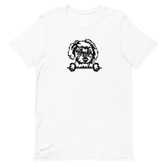 White cotton crew neck unisex  short sleeve tshirt, on the apparel is a black/white one-line  graphic of a cute Maltese dog face,  putting it´s paws on the table