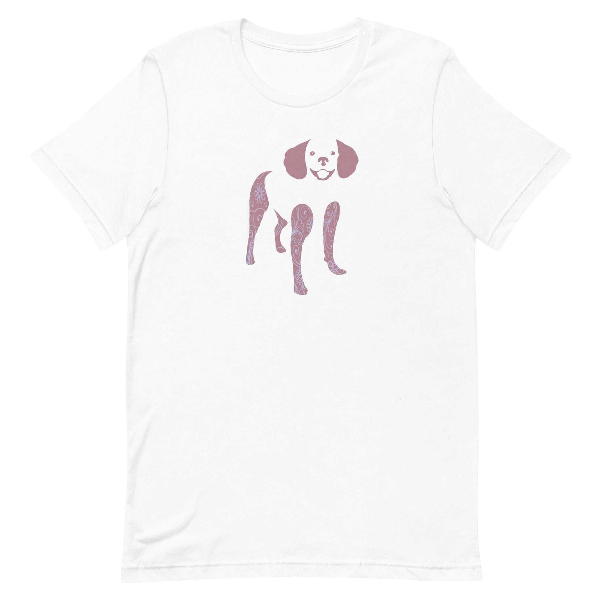 White cotton crew neck unisex  short sleeve tshirt, on the apparel is a graphic print silhouette of a cute adorable Poodle standing with , the silhouette is with flowers and patterns in colors pastel and purple, reminds a bit of flower power