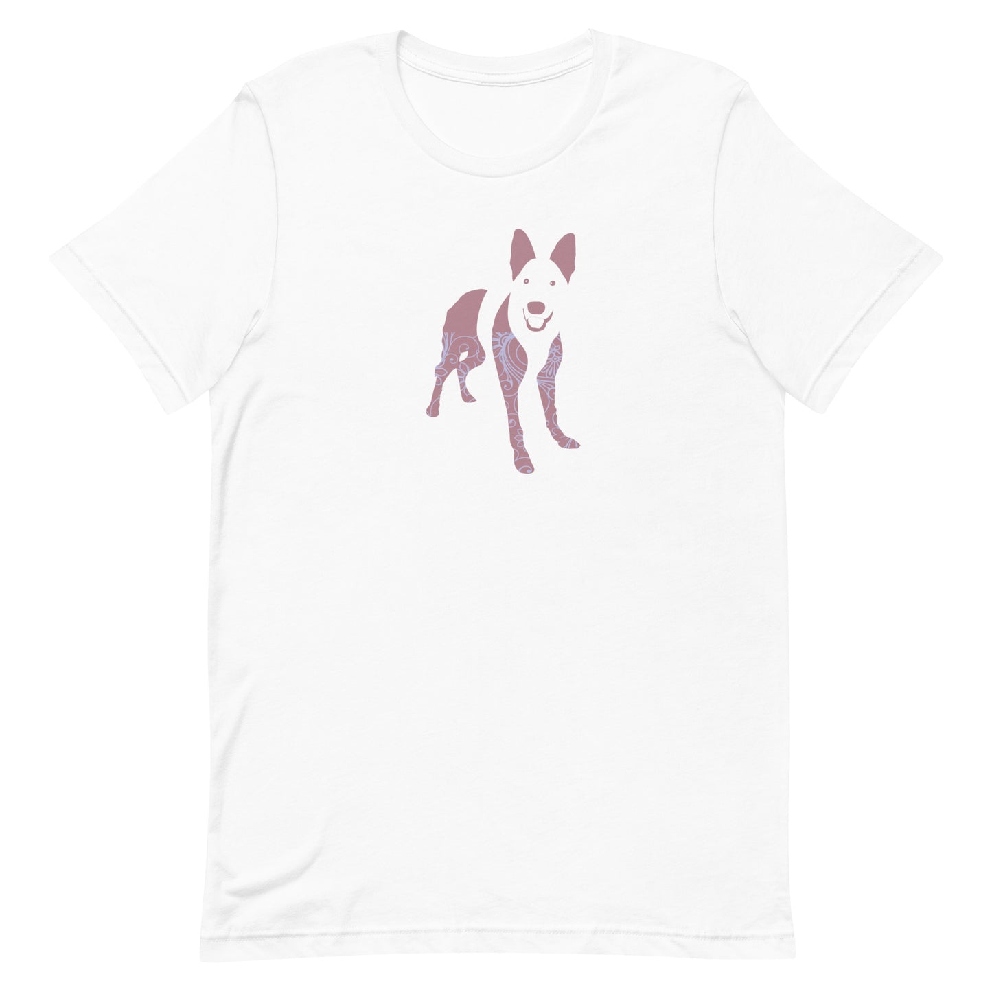 White cotton crew neck unisex  short sleeve tshirt, on the apparel is a graphic print silhouette of a cute shepherd standing with its tongue out the silhouette is with flowers and patterns in colors pink and purple reminds a bit of flower power