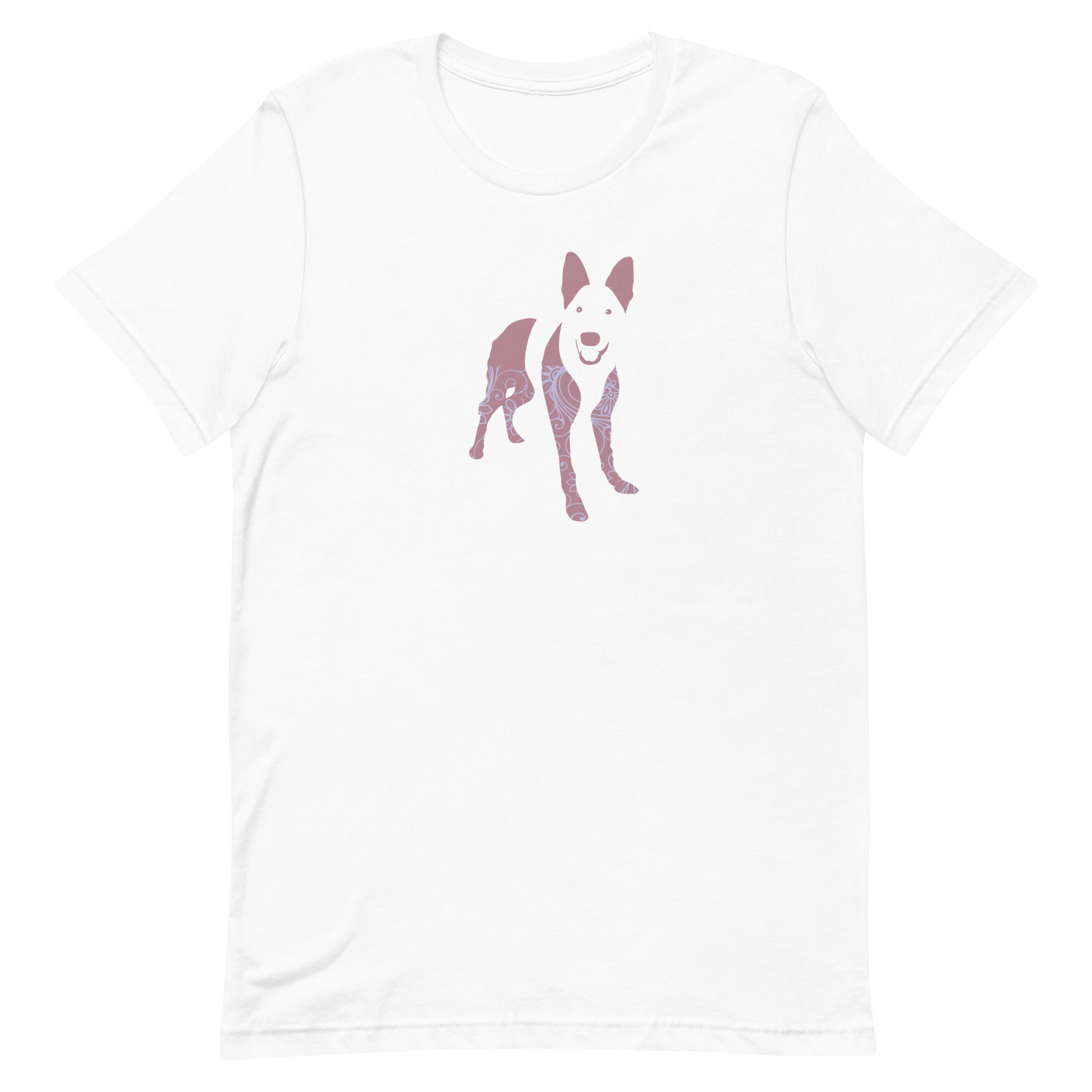 White cotton crew neck unisex  short sleeve tshirt, on the apparel is a graphic print silhouette of a cute shepherd standing with its tongue out the silhouette is with flowers and patterns in colors pink and purple reminds a bit of flower power