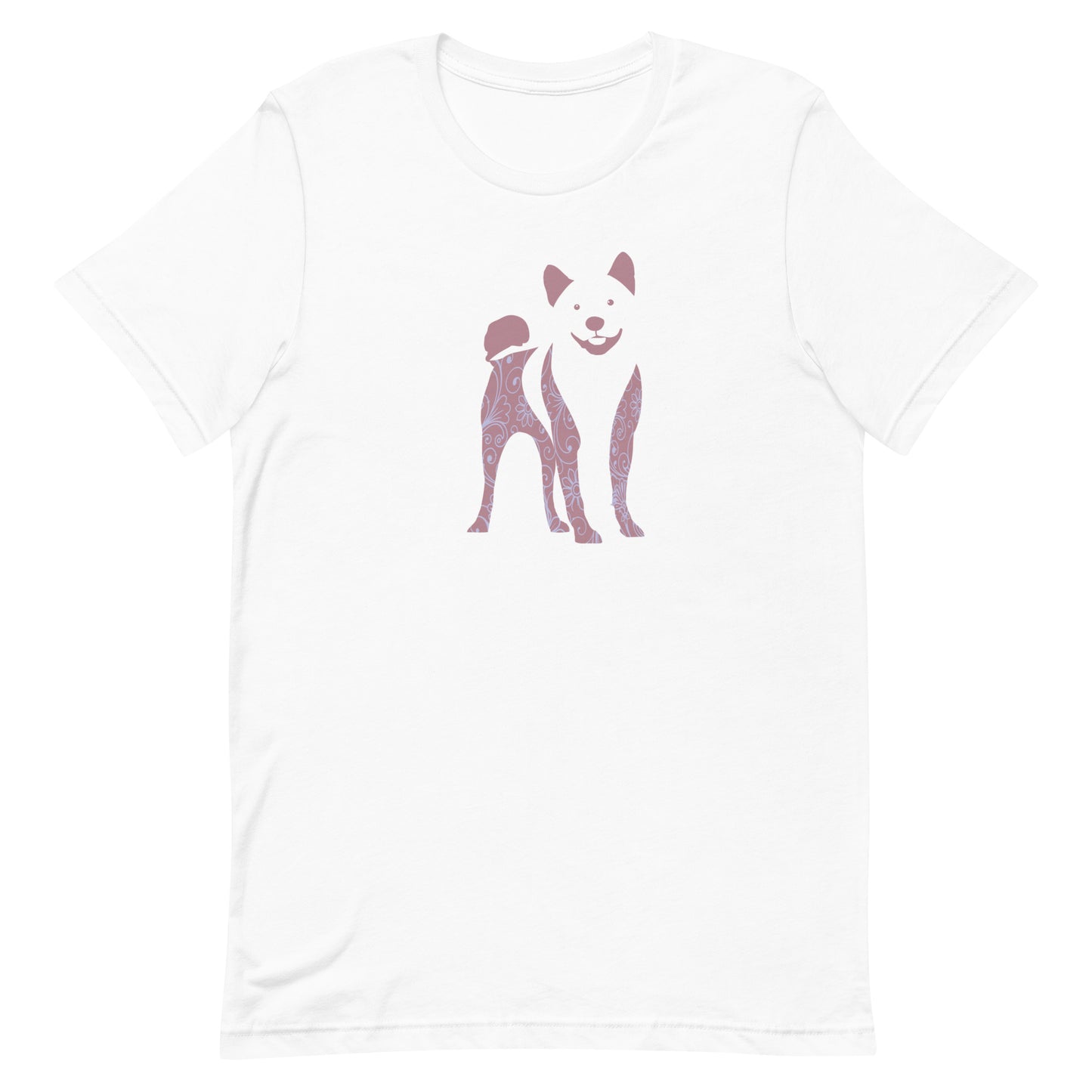 White cotton crew neck unisex  short sleeve tshirt, on the apparel is a graphic print silhouette of a cute adorable Shiba Inu standing with , the silhouette is with flowers and patterns in colors pastel and purple, reminds a bit of flower power