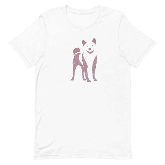 White cotton crew neck unisex  short sleeve tshirt, on the apparel is a graphic print silhouette of a cute adorable Shiba Inu standing with , the silhouette is with flowers and patterns in colors pastel and purple, reminds a bit of flower power