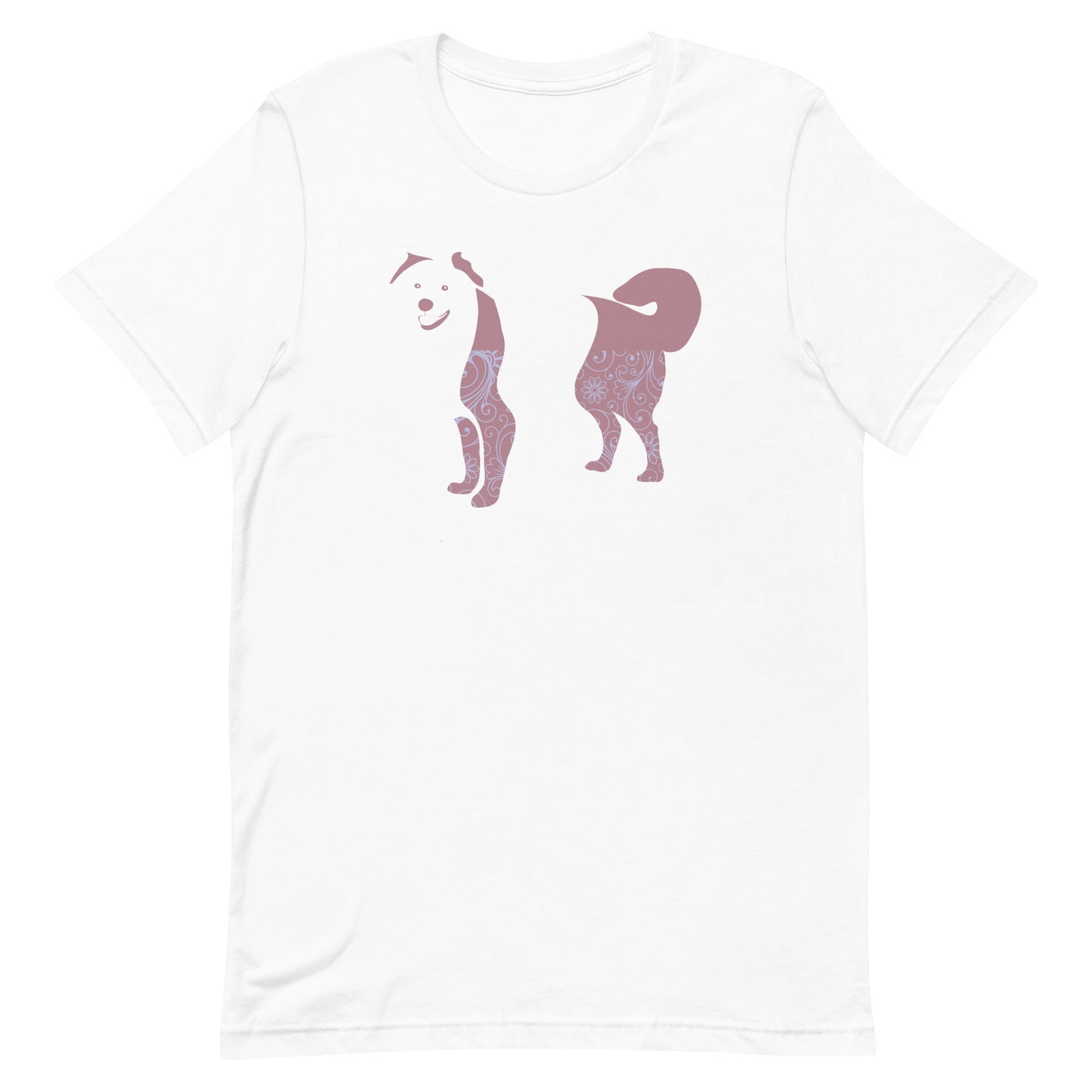  White cotton crew neck unisex  short sleeve tshirt, on the apparel is a graphic print silhouette of a cute Bernese Mountain standing with its tongue out the silhouette is with flowers and patterns in colors pink and purple reminds a bit of flower power"