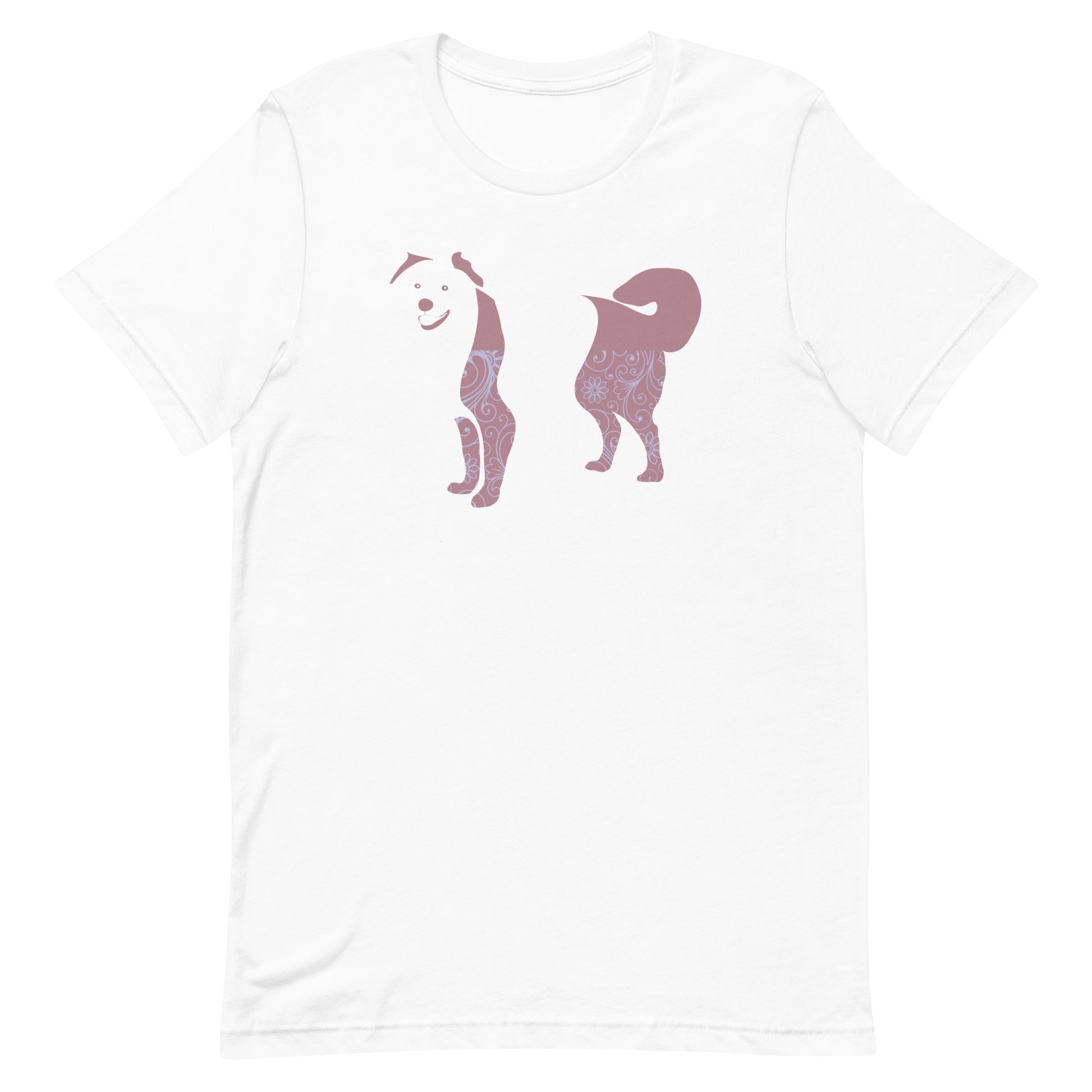  White cotton crew neck unisex  short sleeve tshirt, on the apparel is a graphic print silhouette of a cute Bernese Mountain standing with its tongue out the silhouette is with flowers and patterns in colors pink and purple reminds a bit of flower power"