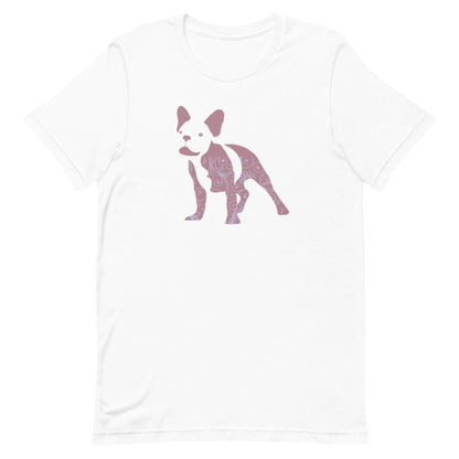 White cotton crew neck unisex  short sleeve tshirt, on the apparel is a graphic print silhouette of a cute french Bulldog standing with its tongue out, the silhouette is with flowers and patterns in colors pastel and purple, reminds a bit of flower power