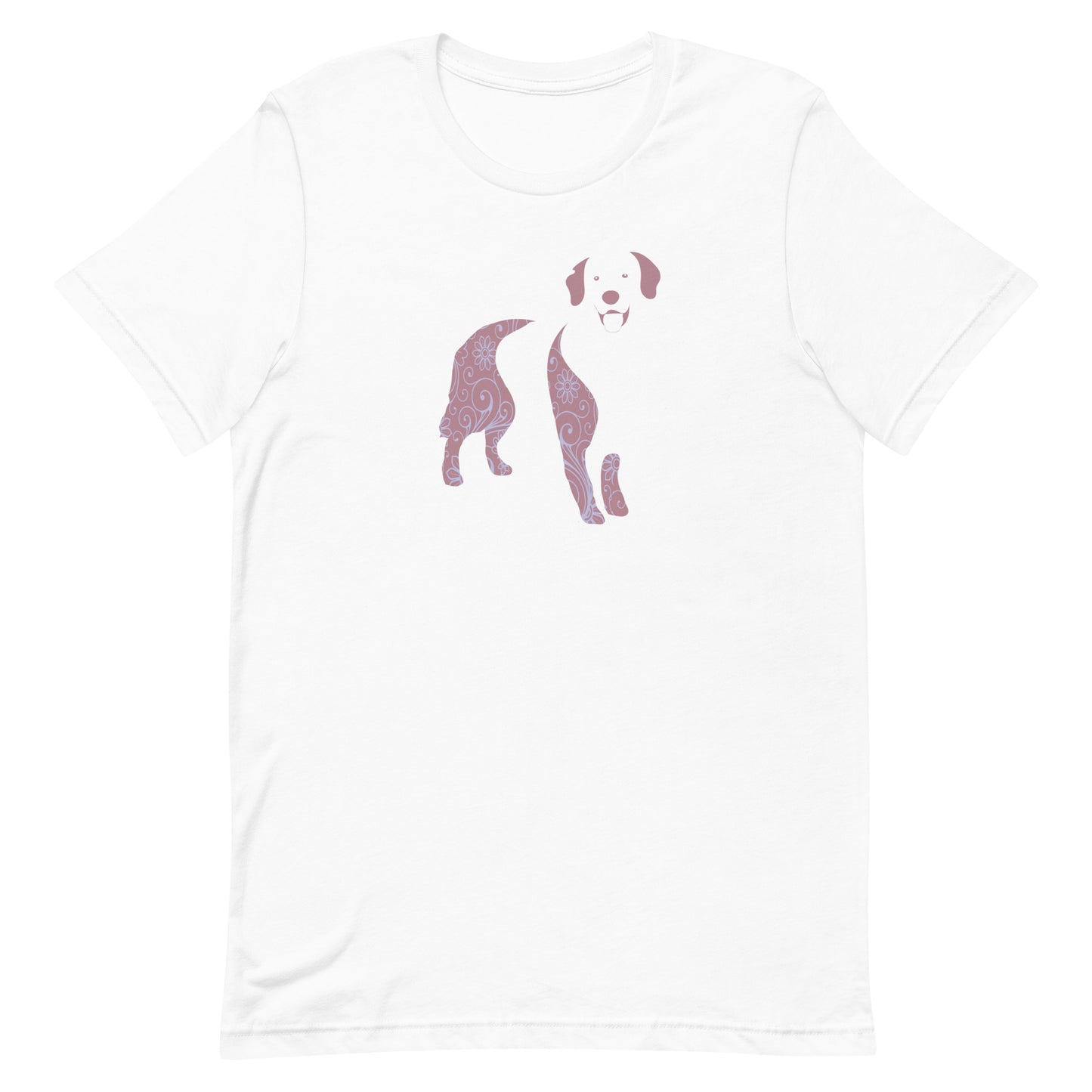  White cotton crew neck unisex  short sleeve tshirt, on the apparel is a graphic print silhouette of a cute adorable Golden Retriever standing with its tongue out, the silhouette is with flowers and patterns in colors pastel and purple, reminds a bit of flower power