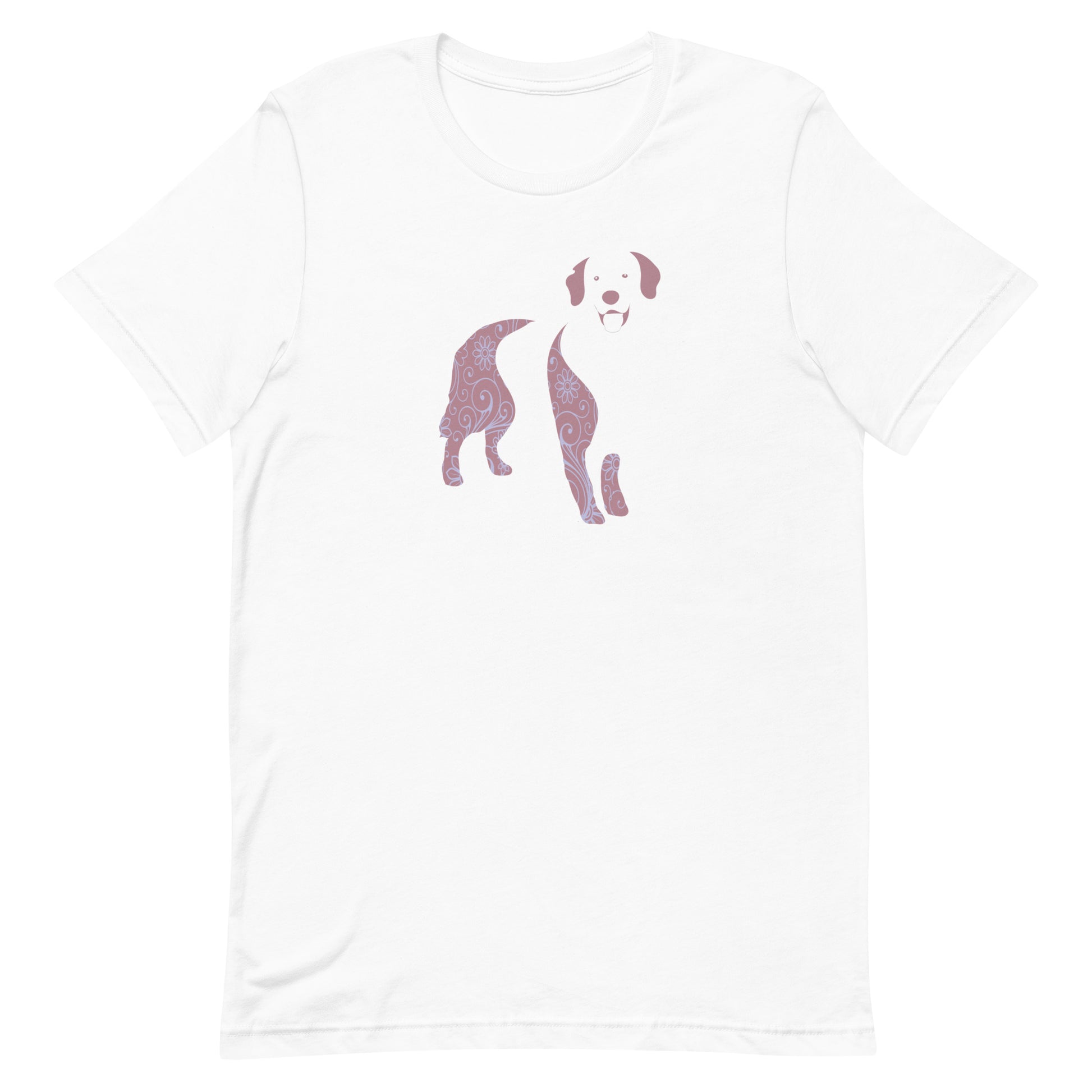  White cotton crew neck unisex  short sleeve tshirt, on the apparel is a graphic print silhouette of a cute adorable Golden Retriever standing with its tongue out, the silhouette is with flowers and patterns in colors pastel and purple, reminds a bit of flower power