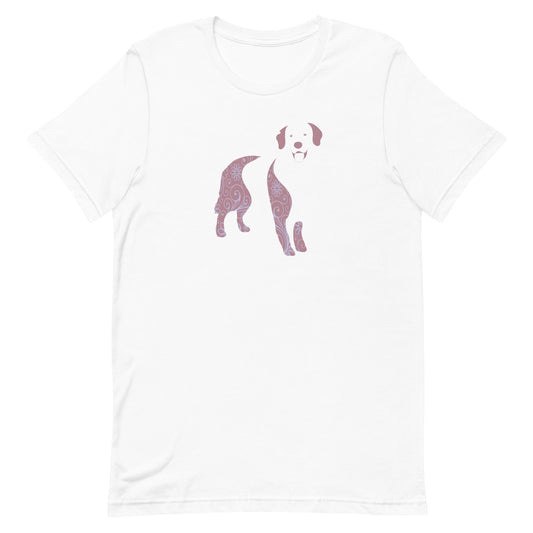  White cotton crew neck unisex  short sleeve tshirt, on the apparel is a graphic print silhouette of a cute adorable Golden Retriever standing with its tongue out, the silhouette is with flowers and patterns in colors pastel and purple, reminds a bit of flower power