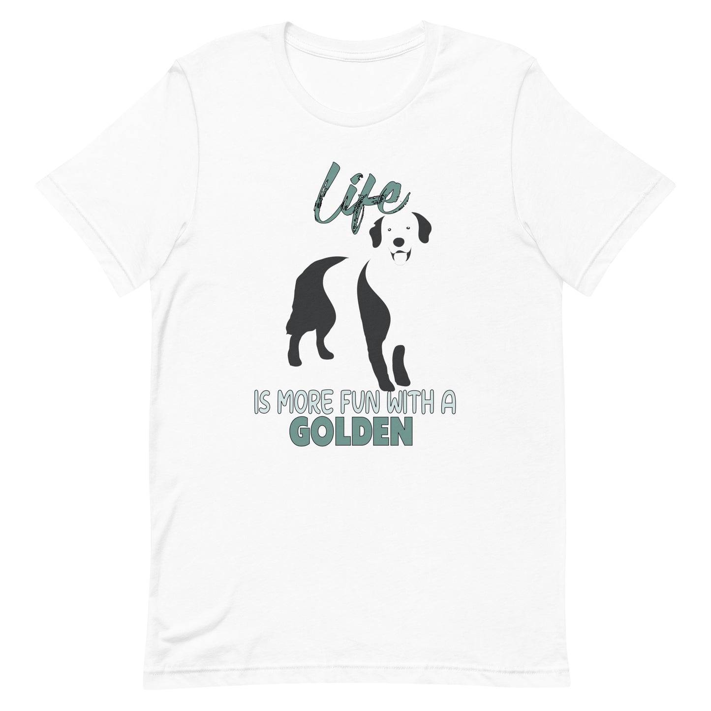  White cotton crew neck unisex  short sleeve tshirt, on the apparel is a black one-line graphic print silhouette of a cute Golden Retriever standing with its tongue out. Above the dog is the text " LIFE" in cap and underneath the dog is the text " is more fun with a Golden" in cap"