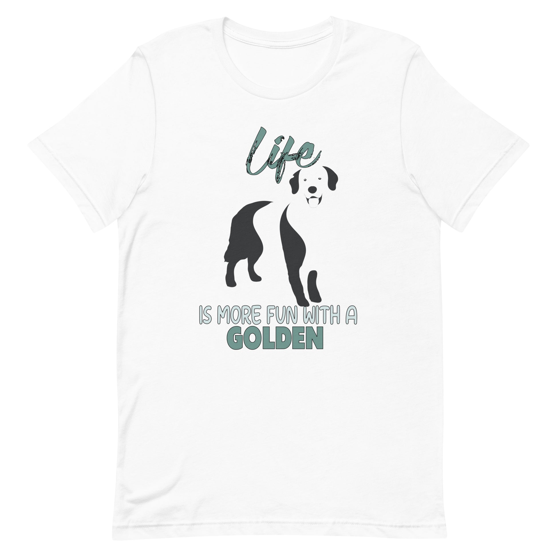  White cotton crew neck unisex  short sleeve tshirt, on the apparel is a black one-line graphic print silhouette of a cute Golden Retriever standing with its tongue out. Above the dog is the text " LIFE" in cap and underneath the dog is the text " is more fun with a Golden" in cap"