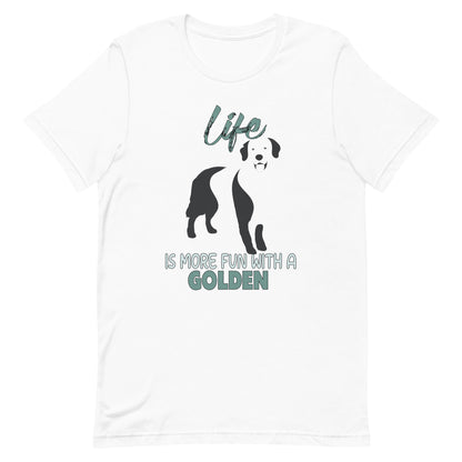  White cotton crew neck unisex  short sleeve tshirt, on the apparel is a black one-line graphic print silhouette of a cute Golden Retriever standing with its tongue out. Above the dog is the text " LIFE" in cap and underneath the dog is the text " is more fun with a Golden" in cap"