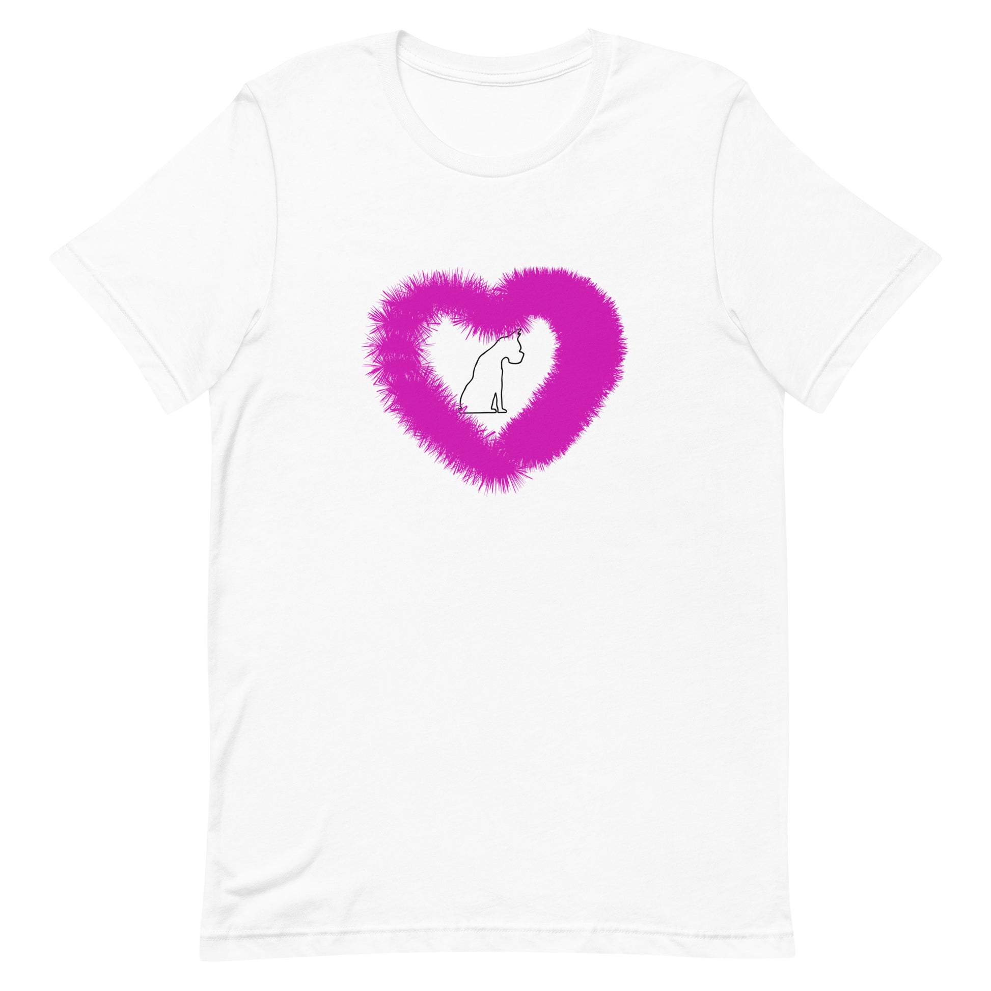 White cotton crew neck unisex  short sleeve tshirt, on the apparel is a graphic pink fluffy heart shape with a dog in black color sitting inside