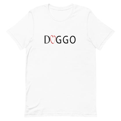 White cotton crew neck unisex  short sleeve tshirt, on the apparel is a graphic black/white text  saying "Doggo"  in cap, the two letter O in "doggo" is a red heart .