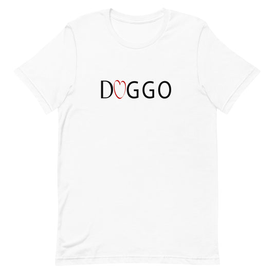 White cotton crew neck unisex  short sleeve tshirt, on the apparel is a graphic black/white text  saying "Doggo"  in cap, the two letter O in "doggo" is a red heart .