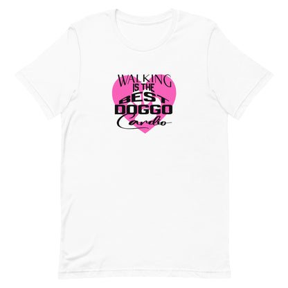 White cotton crew neck unisex  short sleeve tshirt, on the apparel is a graphic pink heart with a paw, on top of the heart is the text "Walking is the best doggo cardio