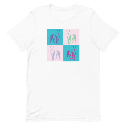 White cotton crew neck unisex  short sleeve tshirt, on the apparel 4 colorful frames each with a one-line graphic print silhouette of a cute Siberian Husky standing with its tongue out. The designed is influenced by Andy Warhol vibrate color palette "