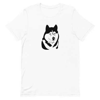 White cotton crew neck unisex  short sleeve tshirt, on the apparel is a graphic print silhouette of a cute adorable Huskys face with its sparkling blue eyes , the dog silhouette is in black/ white one line graphic print