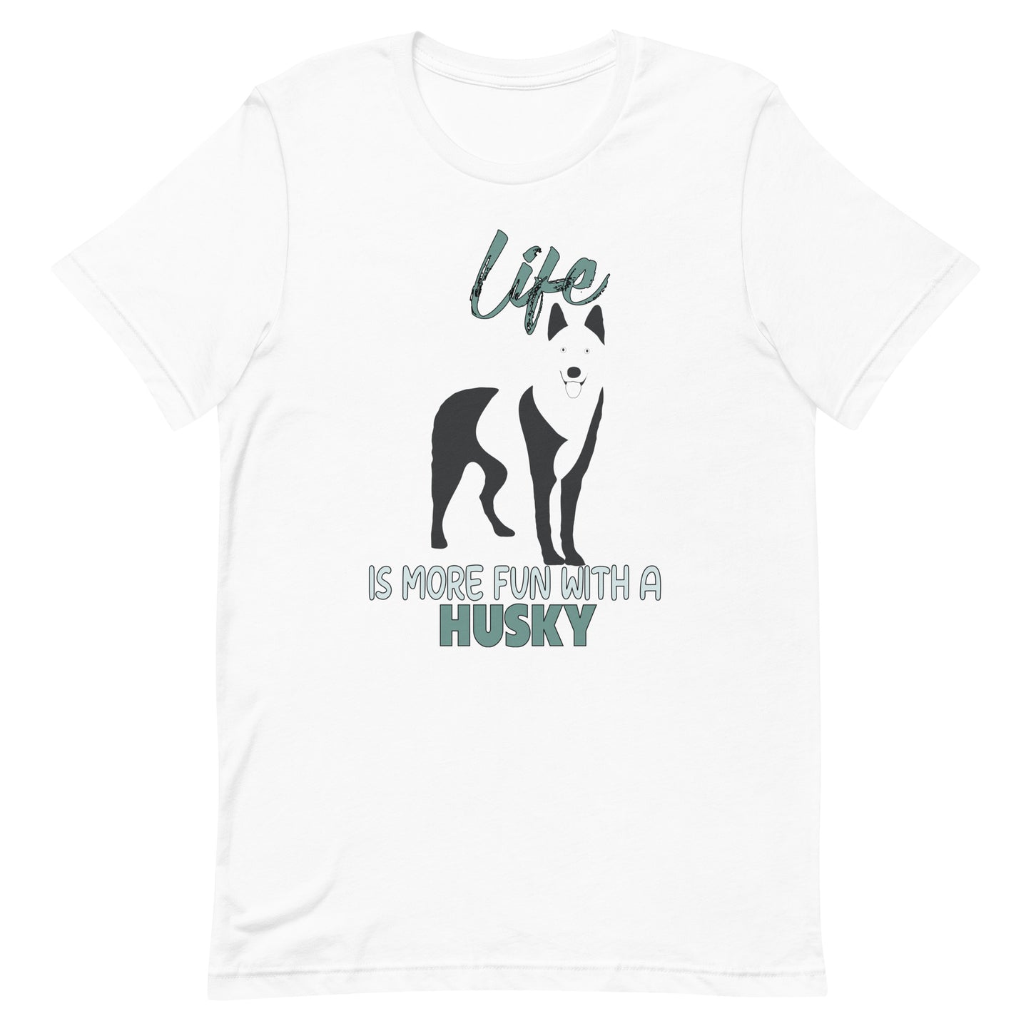 White cotton crew neck unisex  short sleeve tshirt, on the apparel is a black one-line graphic print silhouette of a cute Siberian Husky standing with its tongue out. Above the dog is the text " LIFE" in cap and underneath the dog is the text " is more fun with a Husky" in cap"