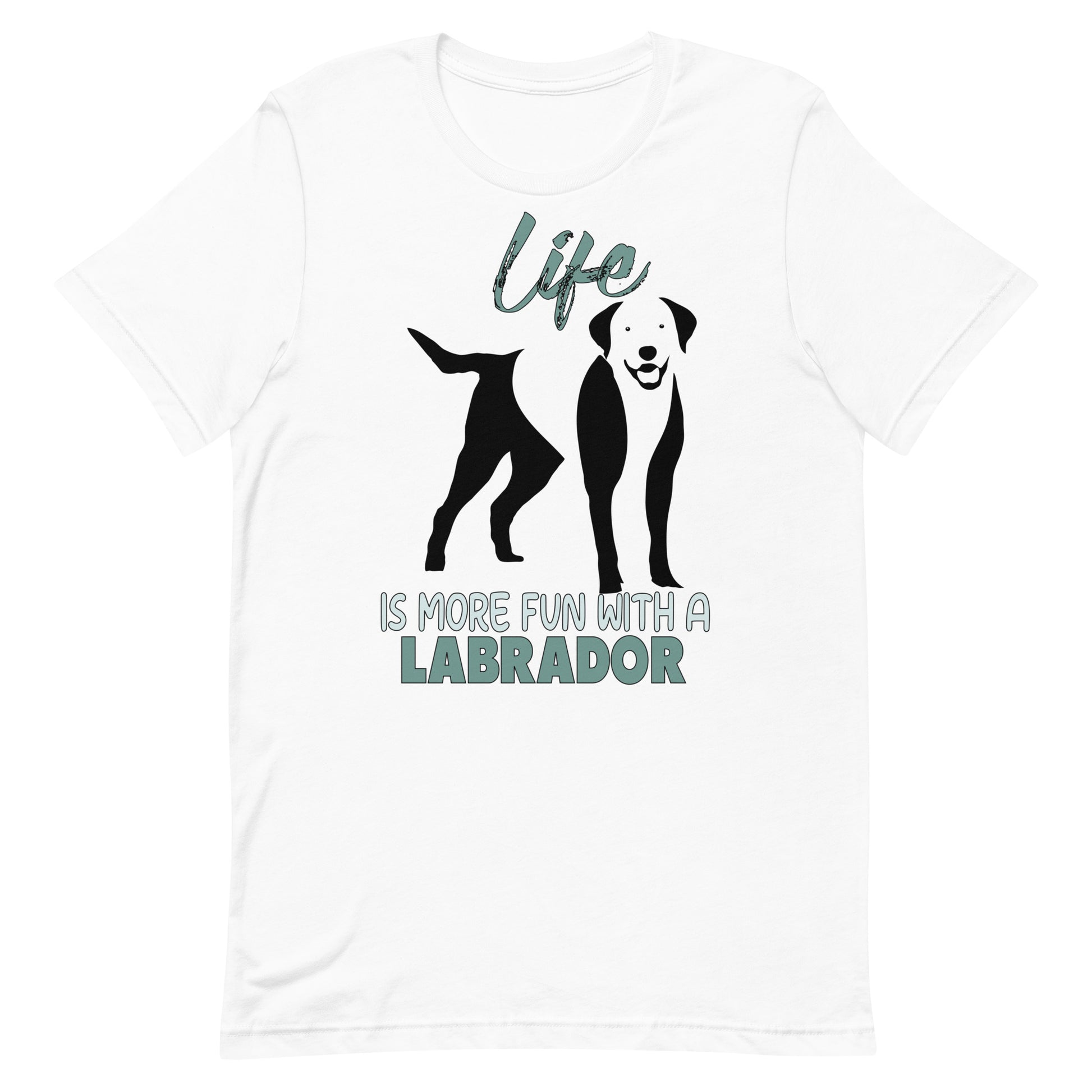  White cotton crew neck unisex  short sleeve tshirt, on the apparel is a black one-line graphic print silhouette of a cute Labrador standing with its tongue out. Above the dog is the text " LIFE" in cap and underneath the dog is the text " is more fun with a Labrador" in cap" 