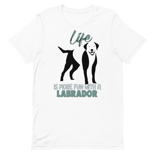  White cotton crew neck unisex  short sleeve tshirt, on the apparel is a black one-line graphic print silhouette of a cute Labrador standing with its tongue out. Above the dog is the text " LIFE" in cap and underneath the dog is the text " is more fun with a Labrador" in cap" 