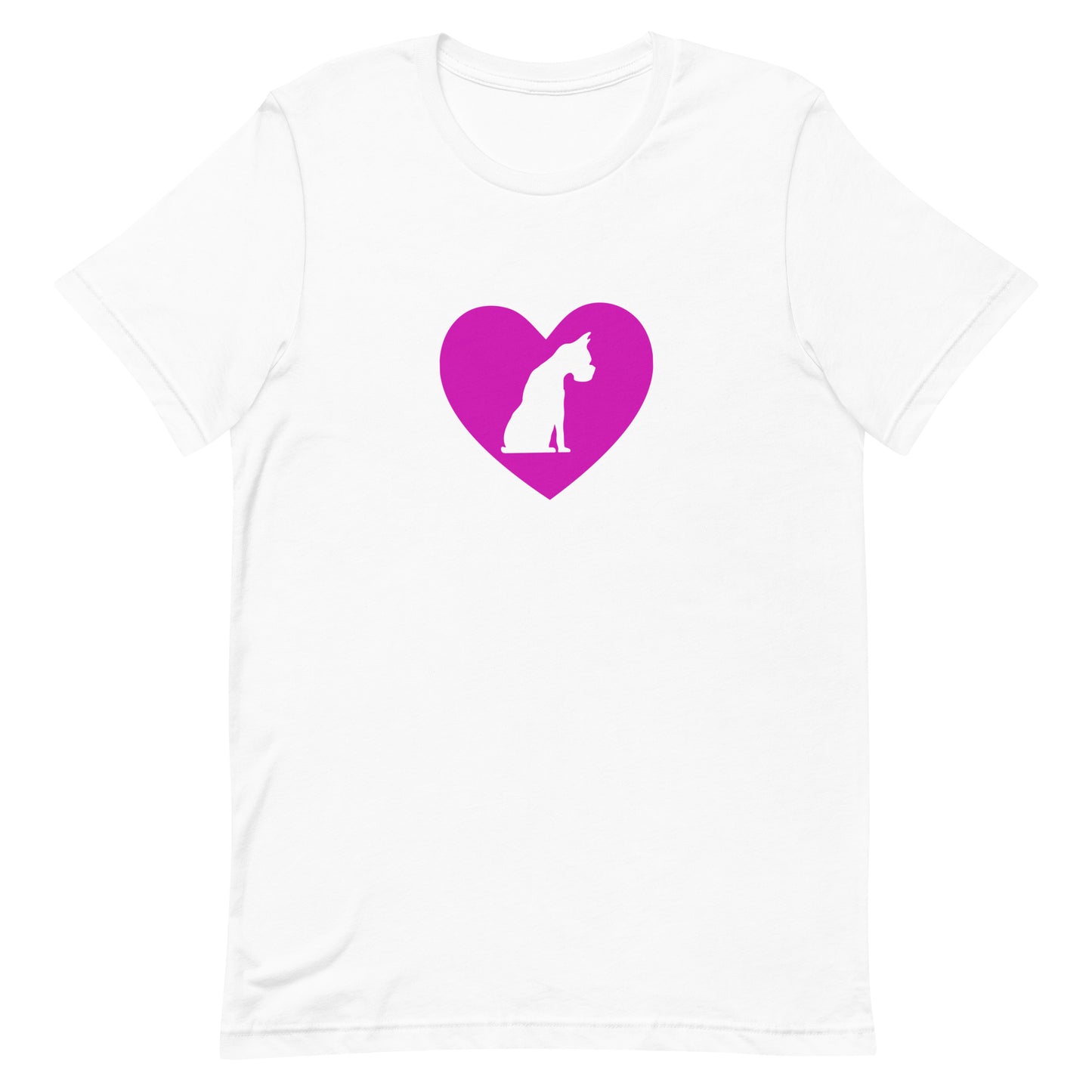 White cotton crew neck unisex  short sleeve tshirt, on the apparel is a graphic pink heart, in the middle of the heart a dog in white graphic background.