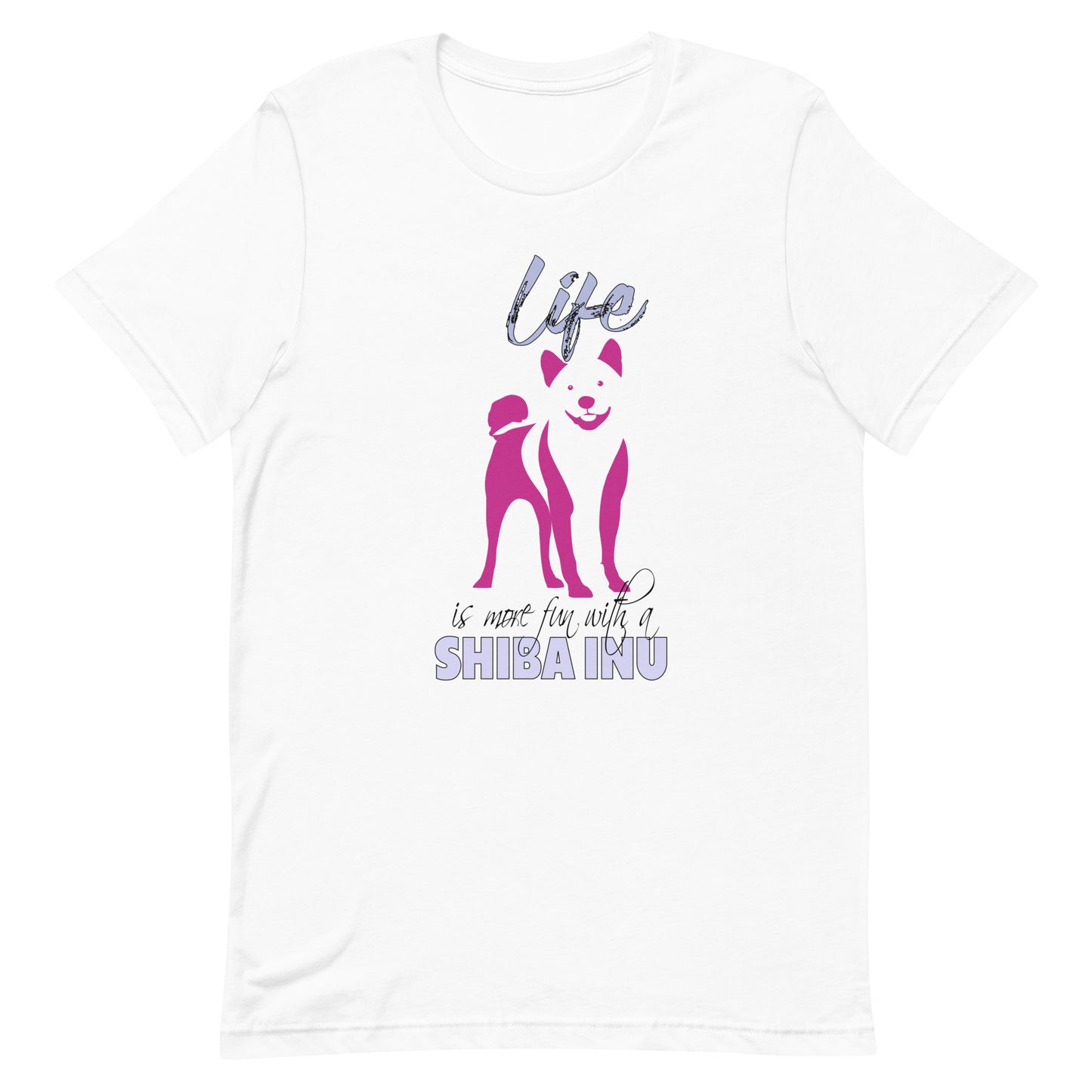 White cotton crew neck unisex  short sleeve tshirt, on the apparel is a graphic print silhouette of a cute adorable Shiba standing , the dog silhouette is in pink color, above the dog is the text " Life" written in tilted purple graphic letter, below is the text " is more fun with a Shiba" in capital letter, the text "Shiba" stands out with its pink color