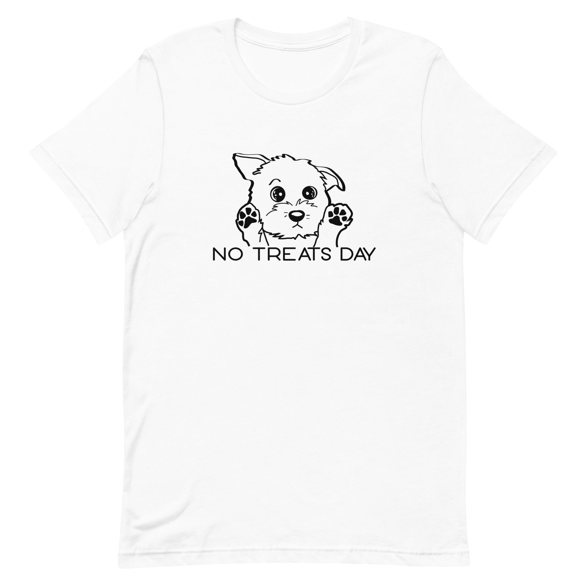 White cotton crew neck unisex  short sleeve tshirt, on the apparel is a one line black graphic of a cute puppy with sparkling eyes and with its paws up in the air, showing its sad mood face, below the dog is the text saying " no treats day" in cap