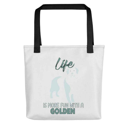 White spun canvas fabric tote bag , on the bag is a black one-line graphic print silhouette of a cute Golden Retriever dog standing with its tongue out. Above the dog is the text " LIFE" in cap and underneath the dog is the text " is more fun with a Golden " in cap"