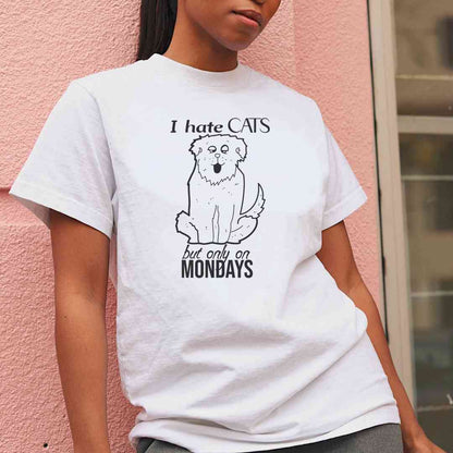 White cotton crew neck unisex  short sleeve tshirt, on the apparel is a graphic one line sloppy sitting dog with its tongue out. above is the text "I hate cats" and below the dog is the text "but only on Mondays"