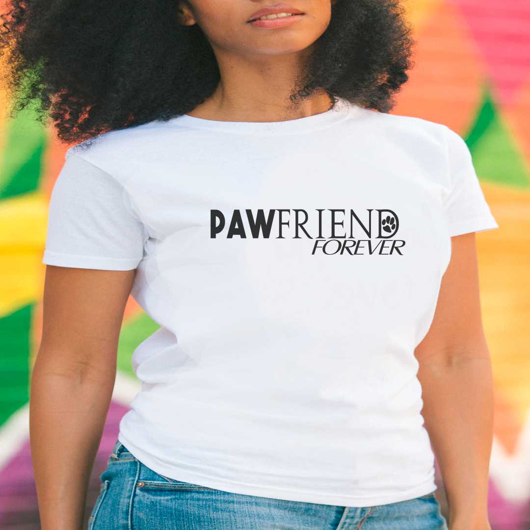 White cotton crew neck unisex  short sleeve tshirt, on the apparel is a graphic black text  saying "pawfriend forever"  the letter "D" in "friend" graphic black paw.